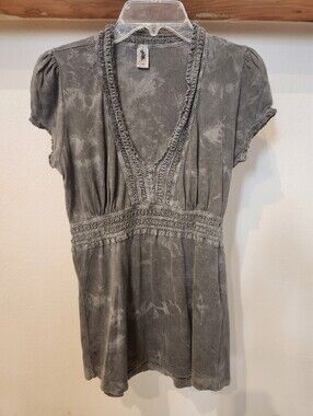 Anthropologie, Yemee Brand Boho Gray Crochet-Trim V-Neck Top